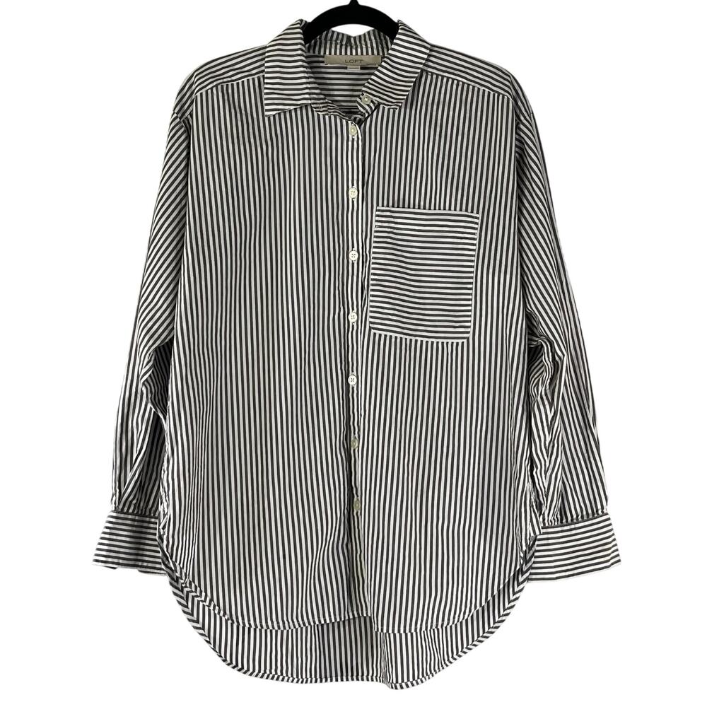 LOFT Gray White Striped Boyfriend Button Down Shirt XS